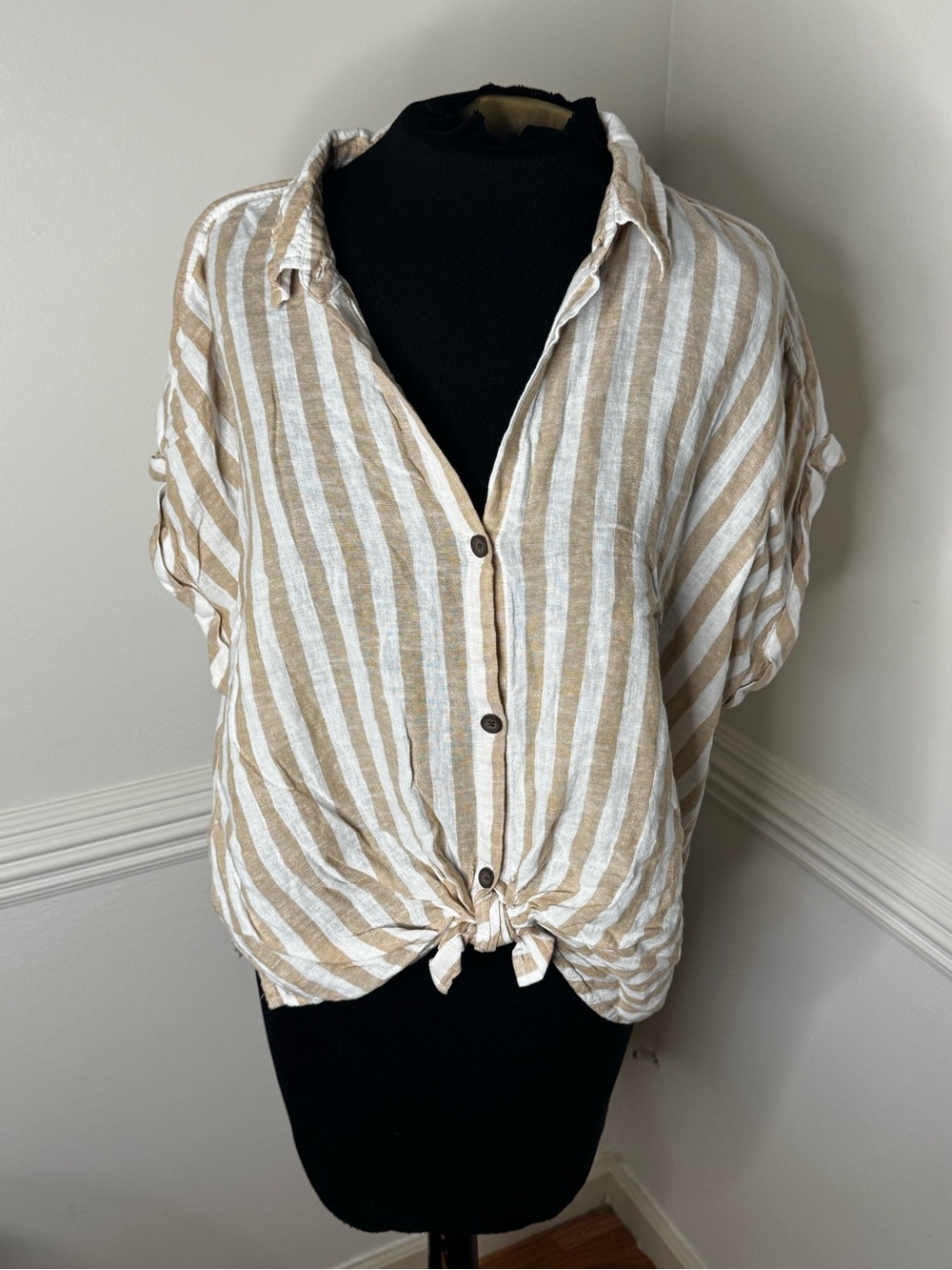 Sonoma Beige and White Striped Tie-Front Button-Down Shirt